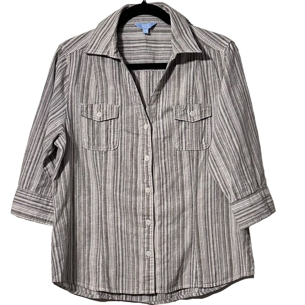 Denver Hayes Striped White Gray Pale Green Button-Up Shirt 3/4 Sleeves Sz L NWOT